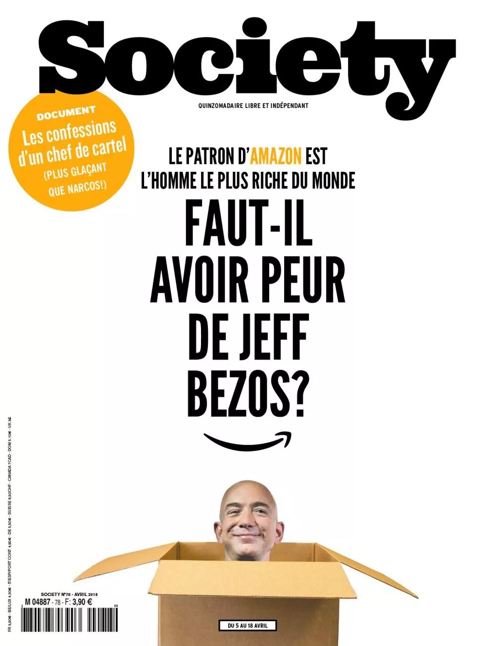 Une couverture de magazine avec le titre "Faut-il avoir peur de Jeff Bezos?" et une image d'une tête sortant d'une boîte en carton avec le logo d'Amazon.