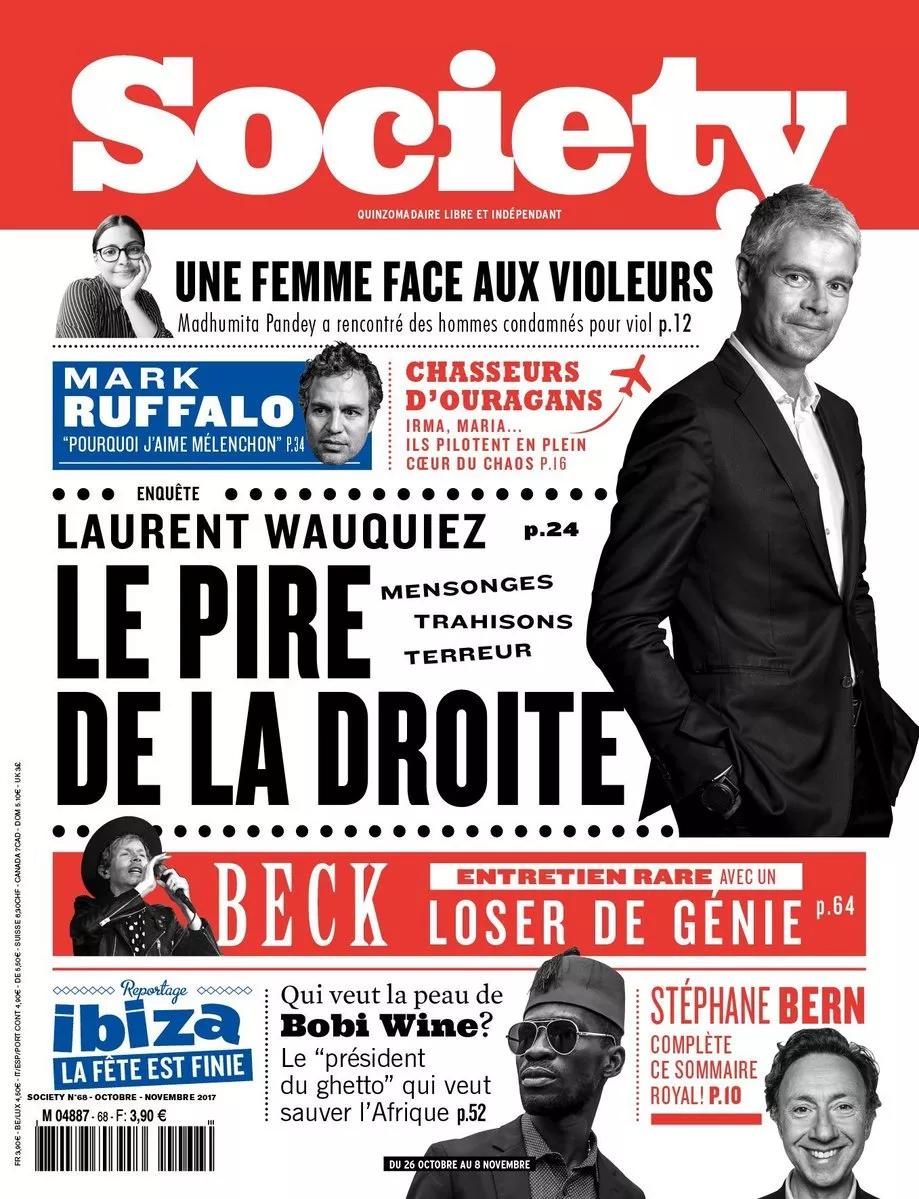 Magazine "Society" avec en couverture des sujets sur Laurent Wauquiez, une femme face aux violeurs, Mark Ruffalo, chasseurs d'ouragans, un entretien avec Beck, Bobi Wine et Stéphane Bern.