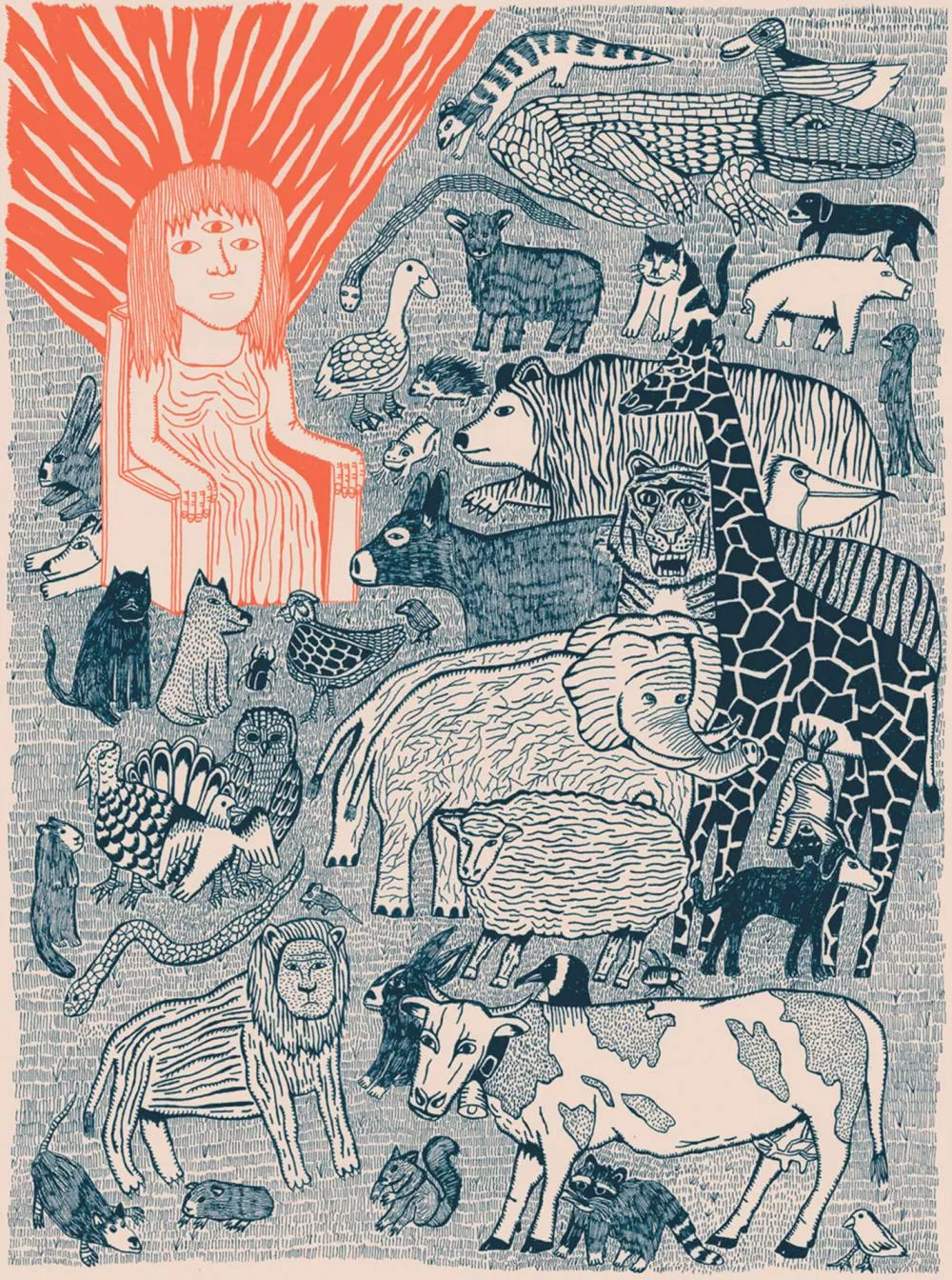 L'image montre un personnage assis sur un trône entouré de nombreux animaux variés, tels qu'une girafe, un éléphant, un lion, un tigre, et d'autres créatures. Le personnage a trois yeux et des rayons lumineux émanent de sa tête.