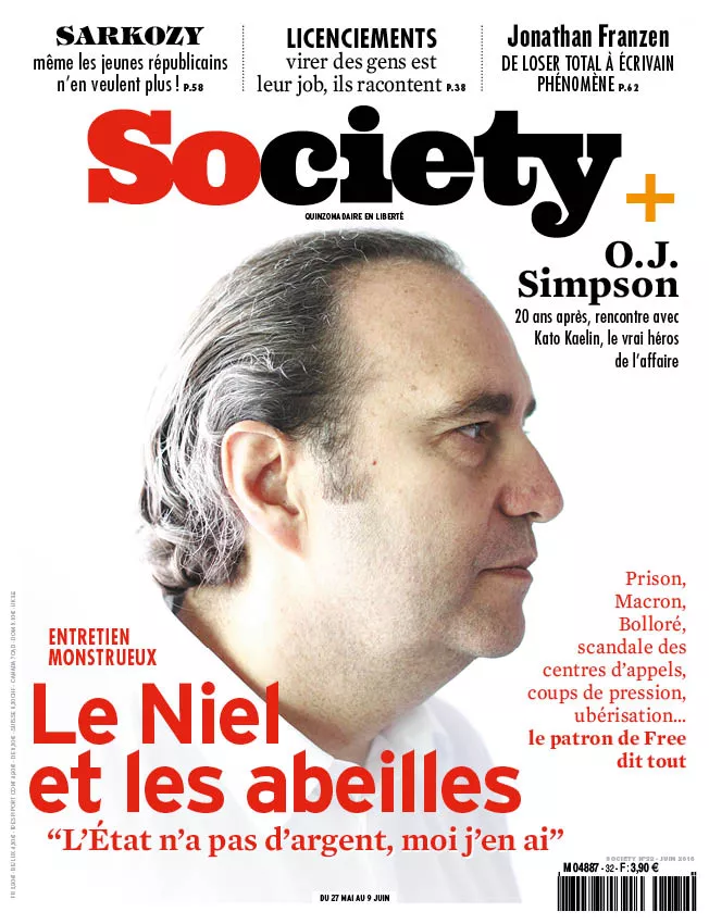 Magazine "Society" avec en couverture un entretien avec Xavier Niel. Titre principal : "Le Niel et les abeilles". Autres sujets : Sarkozy, licenciements, Jonathan Franzen, et O.J. Simpson.