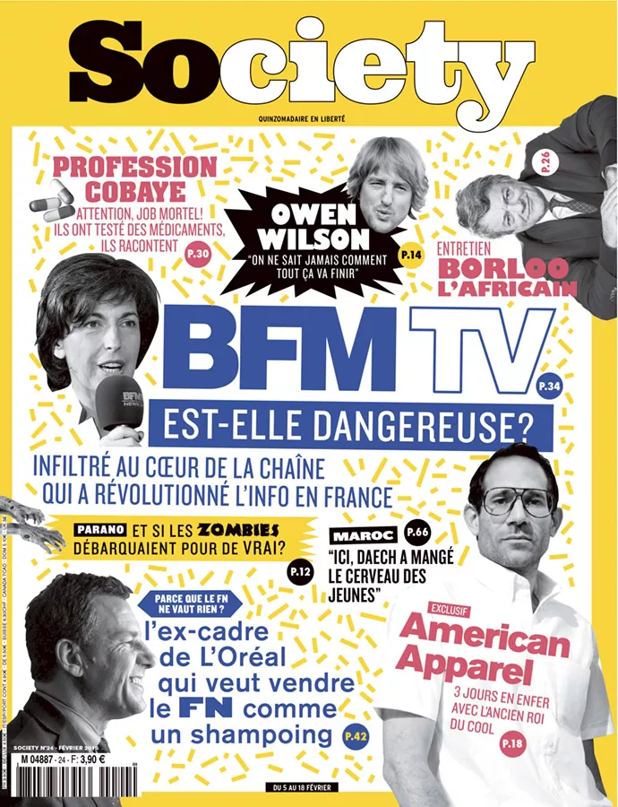 Une couverture de magazine avec des titres tels que "BFM TV est-elle dangereuse?", "Profession Cobaye", "Entretien Borloo l'Africain", "Owen Wilson: 'On ne sait jamais comment tout ça va finir'", et "Exclusif: American Apparel, 30 jours en enfer avec l'ancien roi du cool".