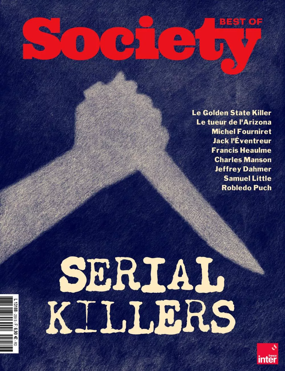 Une couverture de magazine intitulée "Society" avec le thème "Serial Killers", mentionnant des criminels célèbres comme le Golden State Killer, Michel Fourniret, et Charles Manson.