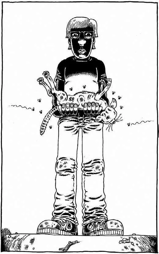 Un personnage debout tient un chat mort dans ses bras. Des mouches volent autour du chat.