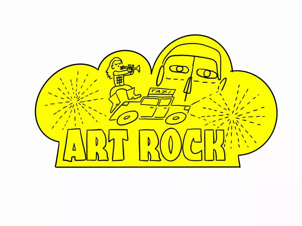 Une illustration jaune avec le texte "ART ROCK" en bas, un musicien jouant de la trompette, une voiture de taxi et un visage stylisé, entourés de motifs rayonnants.