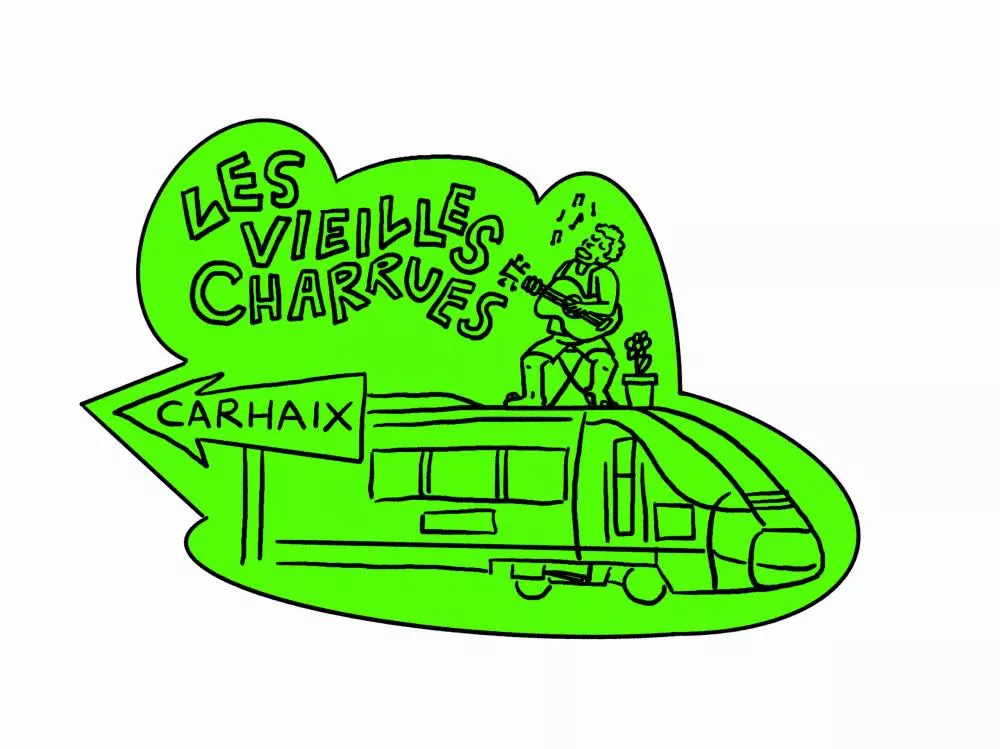 Une illustration verte montre un camping-car avec une personne jouant de la guitare assise sur le toit. À côté, une flèche indique "Carhaix" et le texte "Les Vieilles Charrues" est présent.