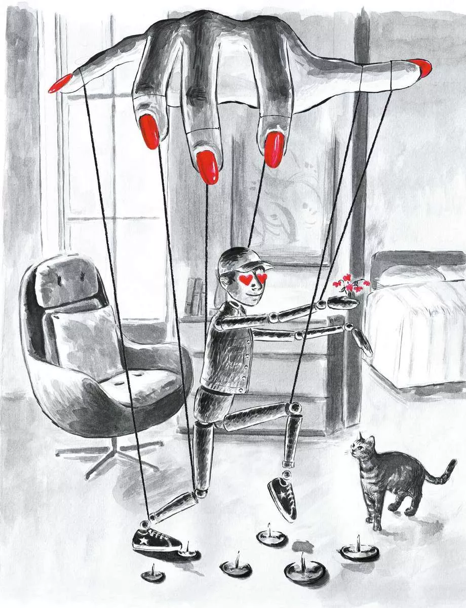 Une main géante avec des ongles rouges manipule une marionnette en forme d'humain, qui a des cœurs à la place des yeux et tient des fleurs. La marionnette se déplace au-dessus de punaises, et un chat l'observe.