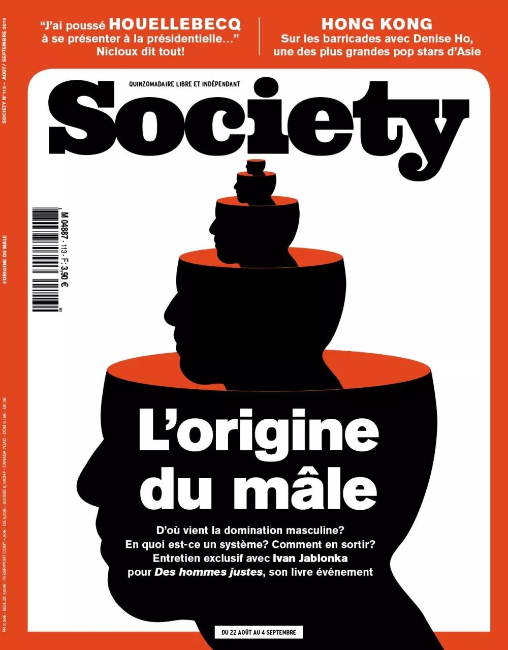 C'est la couverture d'un magazine "Society" avec le titre "L'origine du mâle". Elle aborde la domination masculine, questionnant son origine, sa nature systémique et les moyens d'en sortir, avec un entretien exclusif avec Ivan Jablonka à propos de son livre "Des hommes justes". Il y a aussi des mentions de Houellebecq et de Denise Ho à Hong Kong.