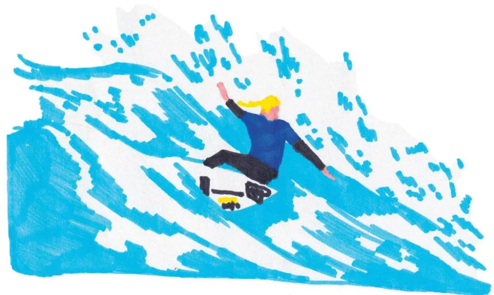 Une illustration colorée d'une personne en train de surfer sur une grande vague bleue.