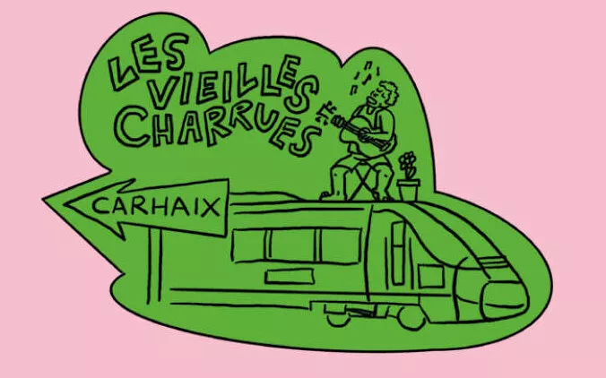 Une illustration verte sur fond rose montre un train avec une personne jouant de la guitare assise dessus. Le texte "Les Vieilles Charrues" et "Carhaix" est présent.
