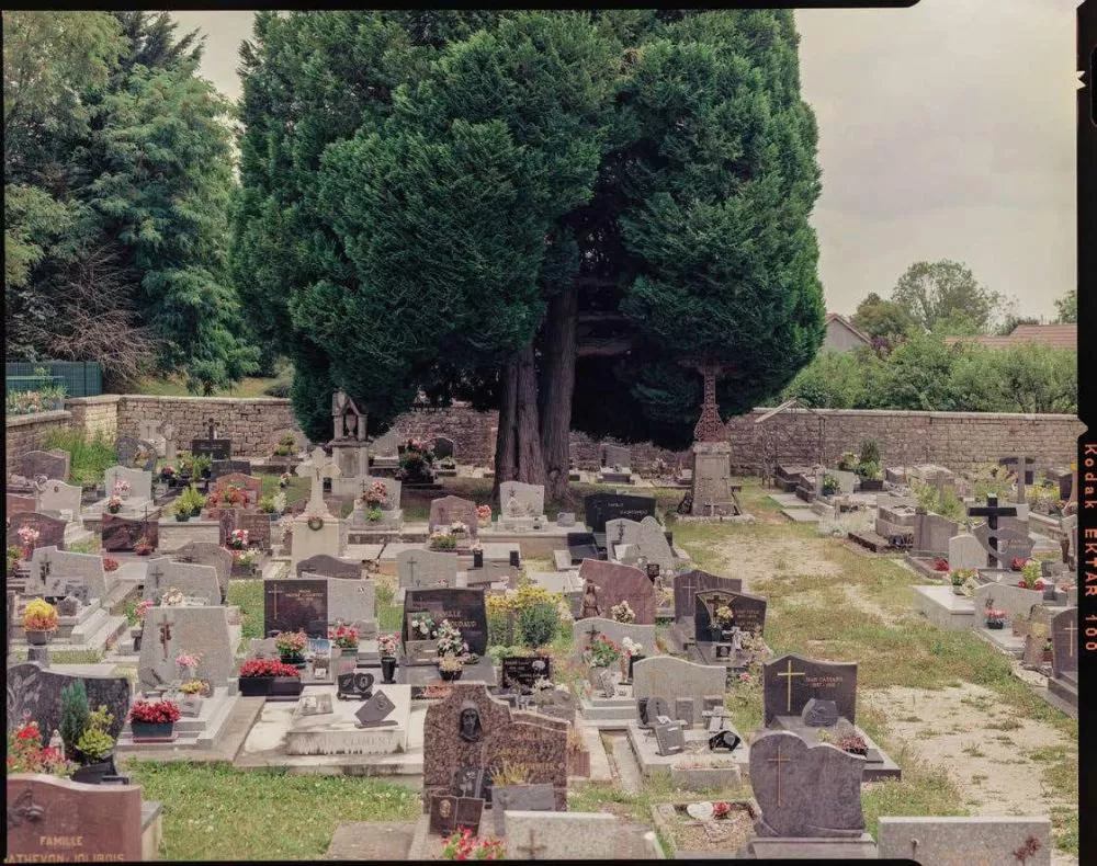 Un cimetière avec de nombreuses tombes ornées de fleurs et de croix, entouré d'arbres et d'un mur de pierre.