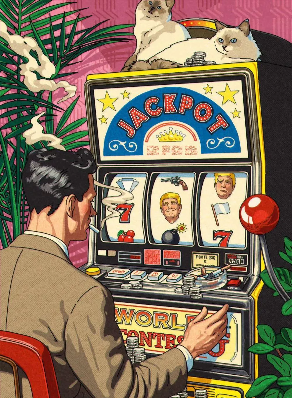 Un homme est assis devant une machine à sous avec le mot "Jackpot" affiché. Il y a des images de visages sur les rouleaux de la machine, ainsi que des symboles comme un revolver et une bombe. Deux chats sont assis au-dessus de la machine, entourés de piles de pièces.