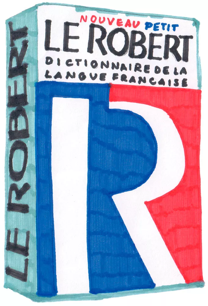 Illustration d'une boîte du "Nouveau Petit Le Robert", un dictionnaire de la langue française, avec un grand "R" stylisé en bleu et rouge sur la couverture.