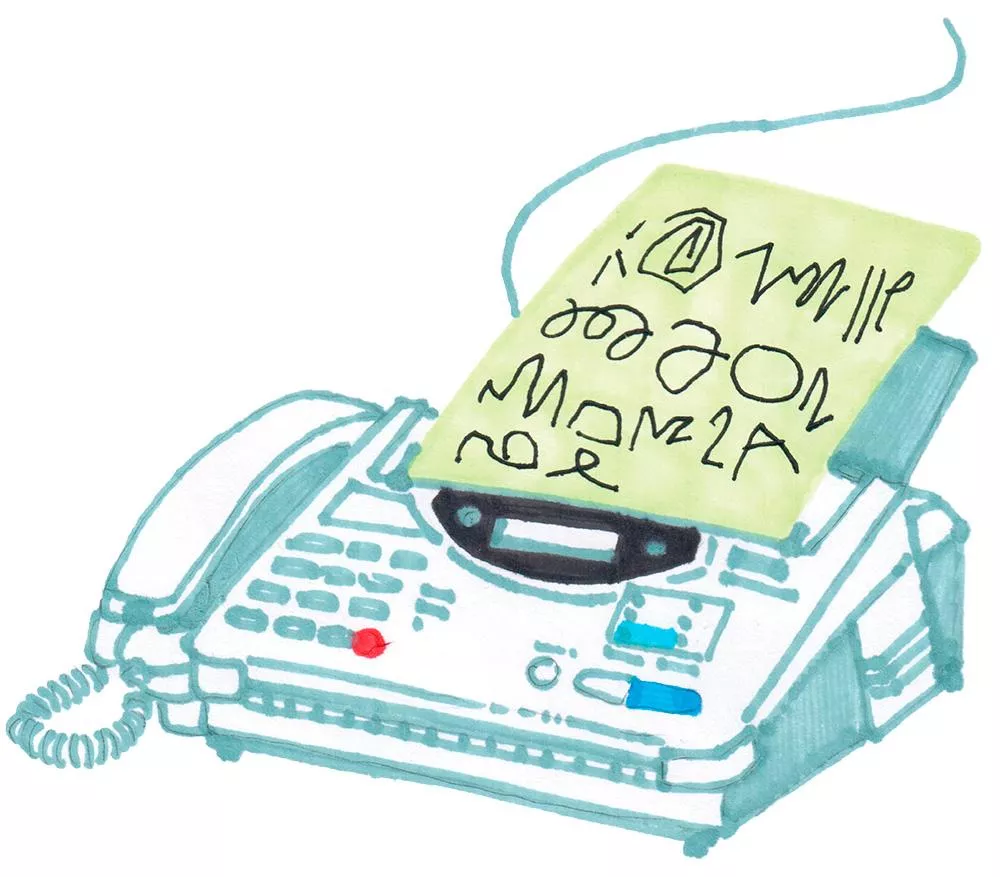 Un télécopieur avec une feuille de papier comportant des symboles ou des écritures illisibles sortant de la machine.