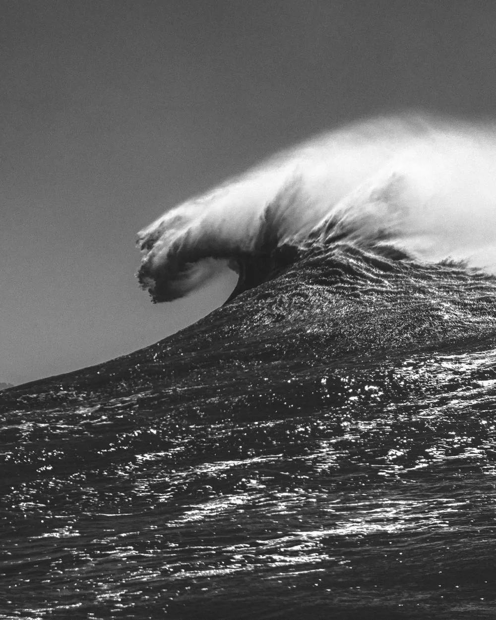 Une grande vague en noir et blanc, avec une crête qui se brise, créant un effet dramatique et puissant.