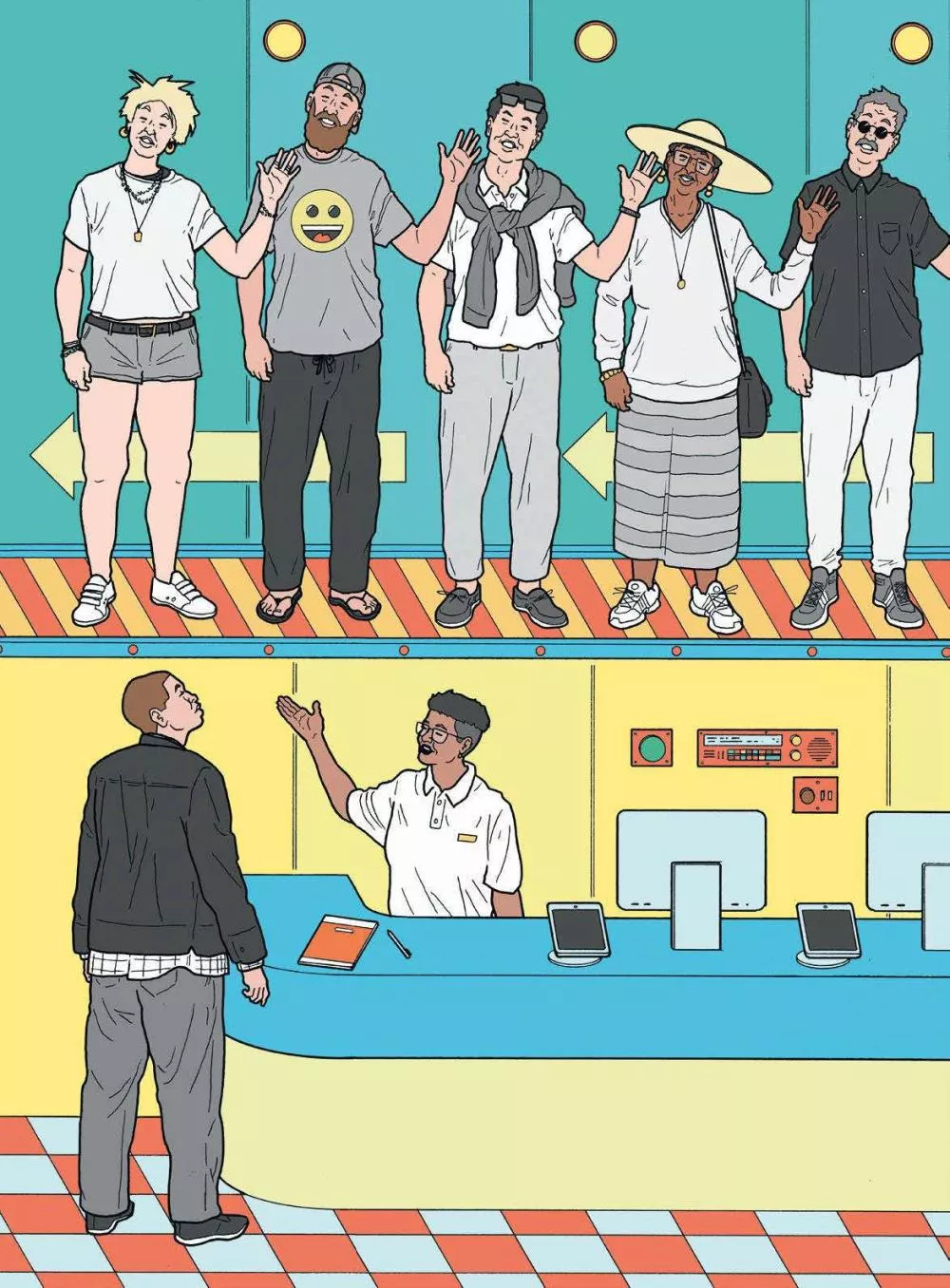 L'image montre deux scènes. En haut, cinq personnes se tiennent côte à côte, souriantes et levant la main. En bas, une personne se tient devant un comptoir où un employé lui explique quelque chose, avec des appareils électroniques posés sur le comptoir.
