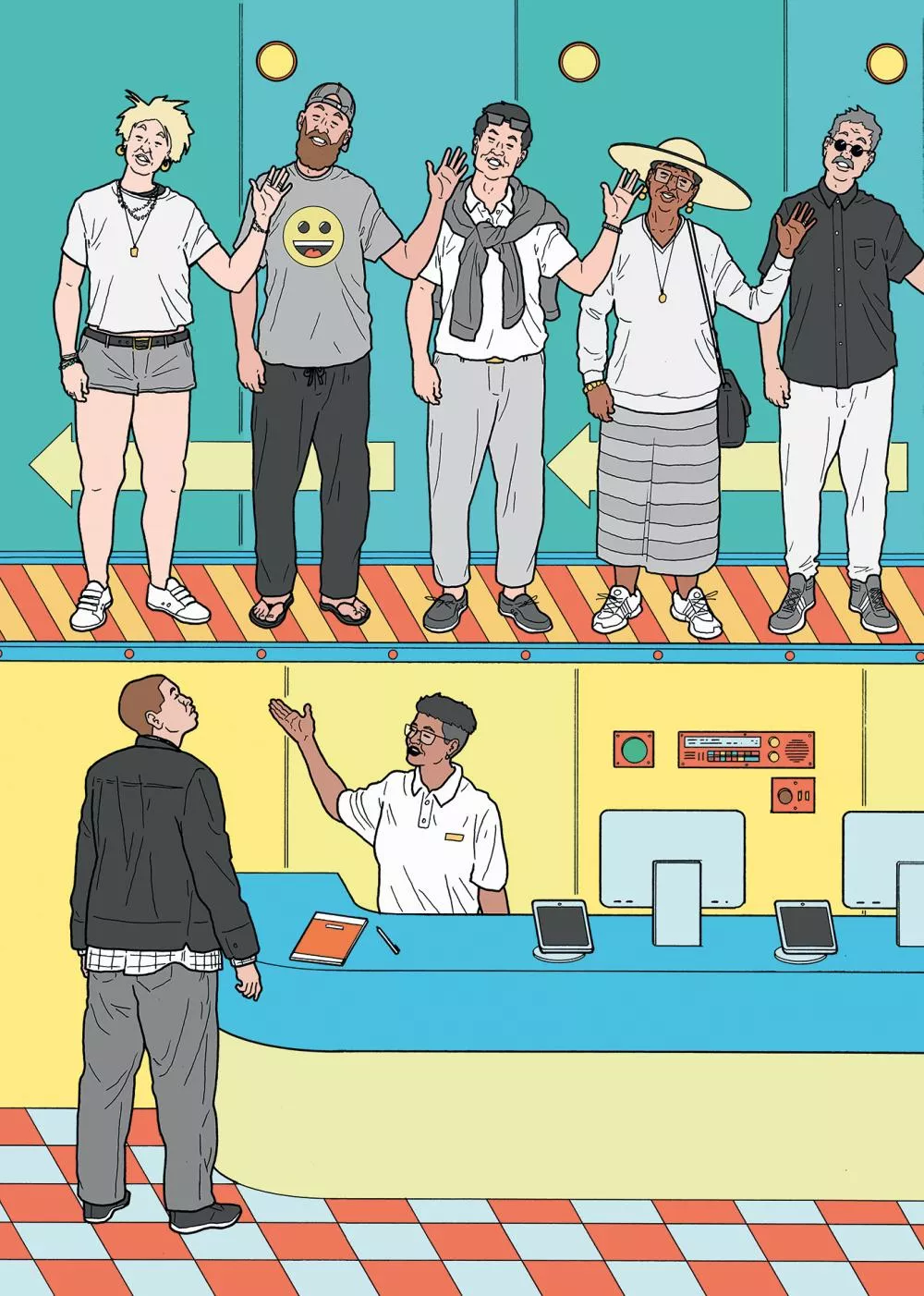 Un groupe de personnes se tient en ligne, levant la main, tandis qu'un individu en bas de l'image semble interagir avec un employé derrière un comptoir, qui lève également la main.