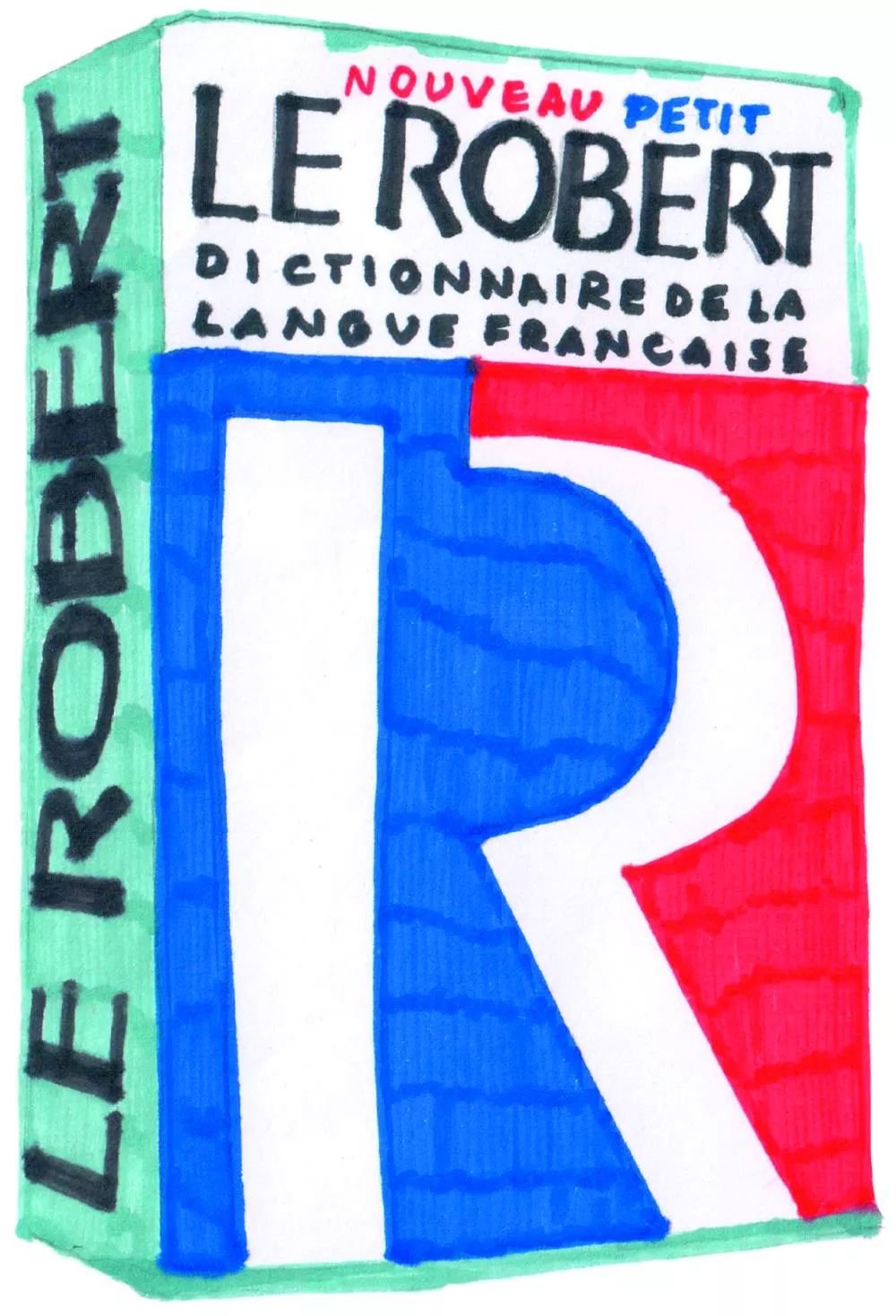 Une illustration colorée représentant la couverture du "Nouveau Petit Robert", un dictionnaire de la langue française.