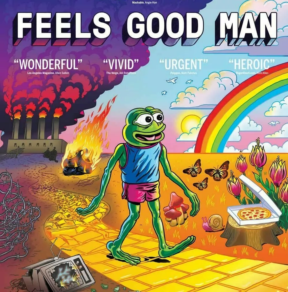 L'image est une affiche du film "Feels Good Man" avec des critiques élogieuses telles que "Wonderful", "Vivid", "Urgent" et "Heroic". Elle montre un personnage de grenouille anthropomorphe marchant sur un chemin jaune, avec un paysage contrasté entre un environnement industriel sombre et un paysage coloré et joyeux avec un arc-en-ciel.