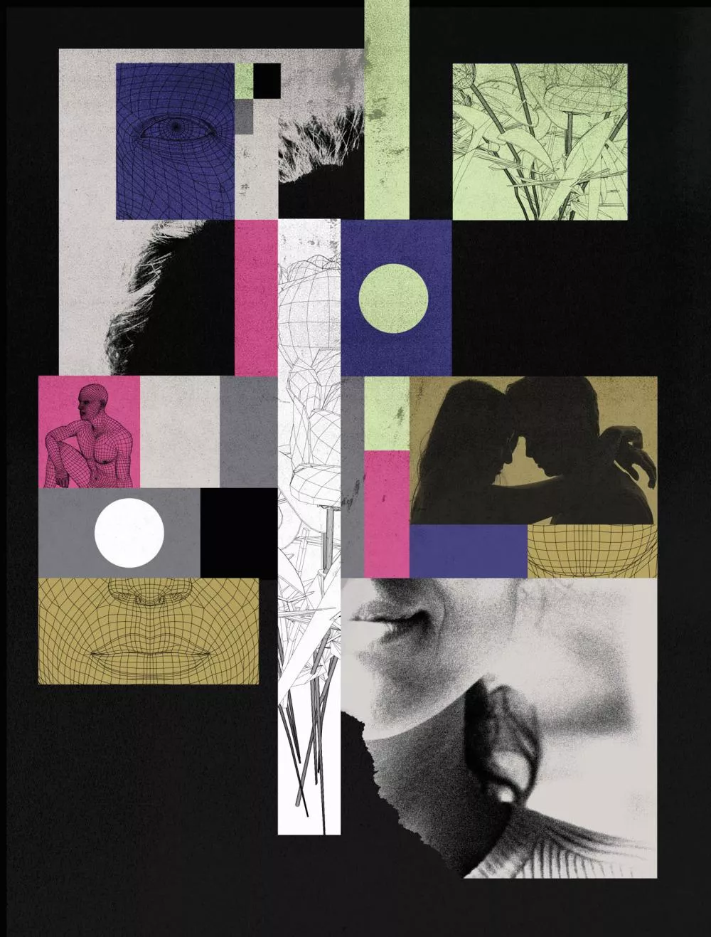 L'image est un collage artistique composé de divers éléments graphiques et photographiques, incluant des dessins de visages et de figures humaines, des motifs géométriques, et des images en noir et blanc de silhouettes et de plantes. Les couleurs dominantes sont le noir, le blanc, le rose, le bleu et le vert.