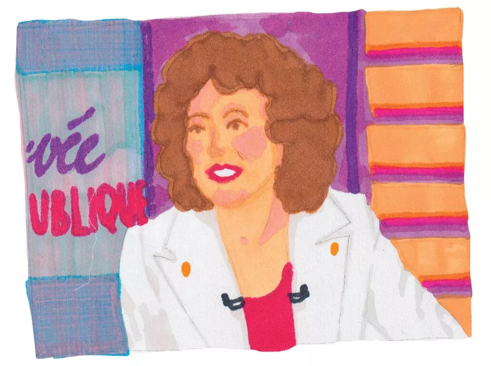 Une illustration colorée d'une personne avec des cheveux bouclés, portant un blazer blanc et un haut rose. En arrière-plan, on distingue des couleurs vives et le mot "publique" partiellement visible.