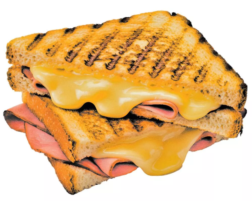 Un sandwich grillé avec du fromage fondu et du jambon.
