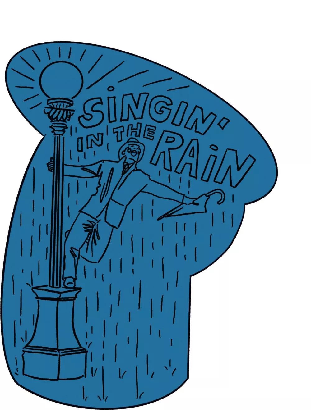 Un homme se tient sur un réverbère sous la pluie, tenant un parapluie. Le texte dit "Singin' in the Rain".