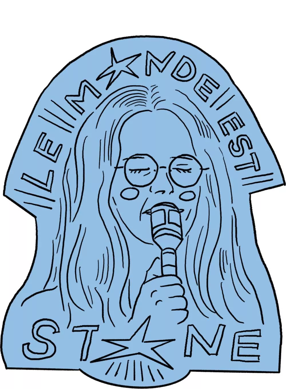 Une illustration d'une personne avec des lunettes chantant dans un micro, entourée par le texte "LE MONDE EST STONE".