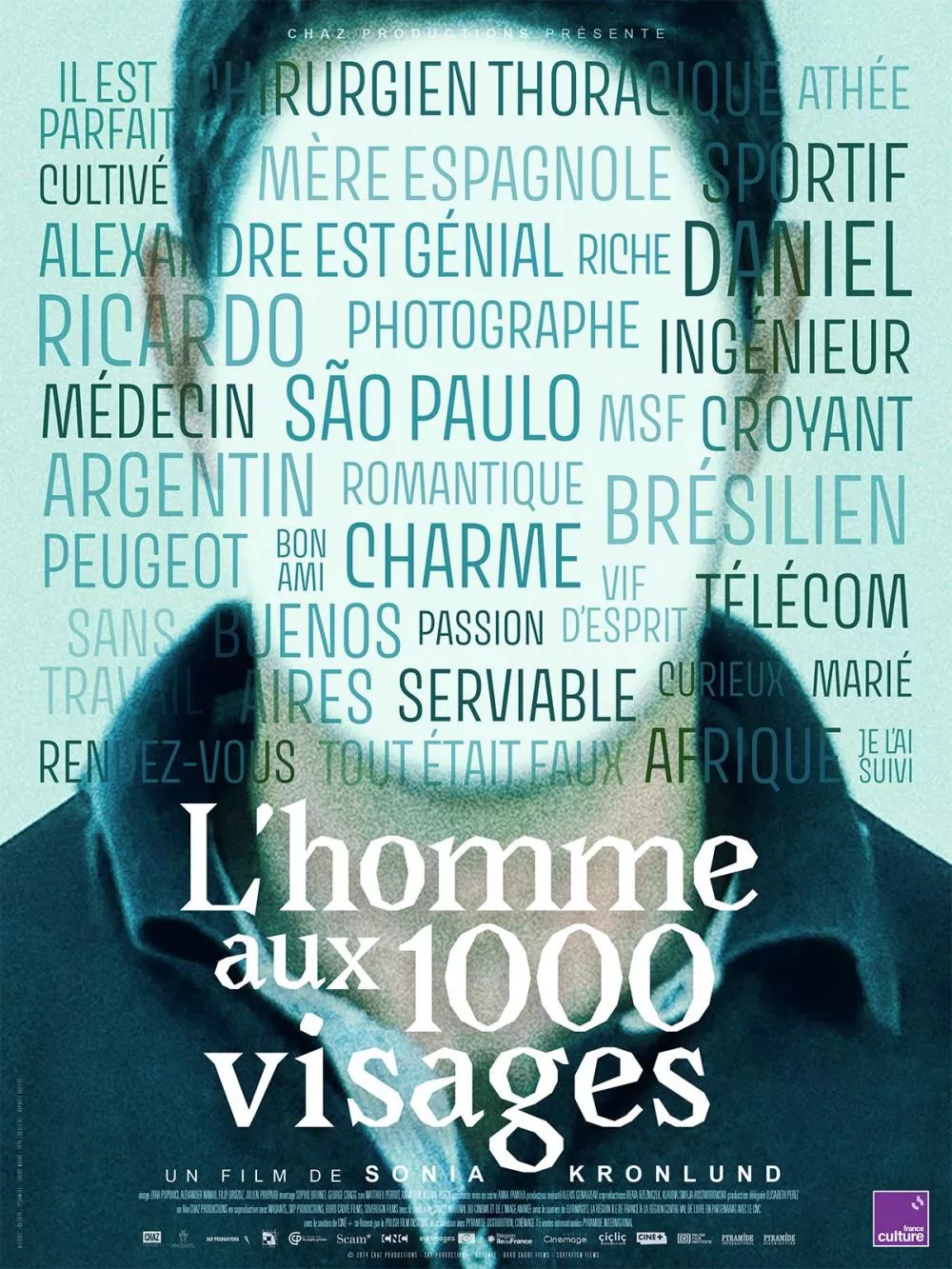Affiche du film "L'homme aux 1000 visages" de Sonia Kronlund, avec des mots décrivant un personnage mystérieux aux multiples facettes.