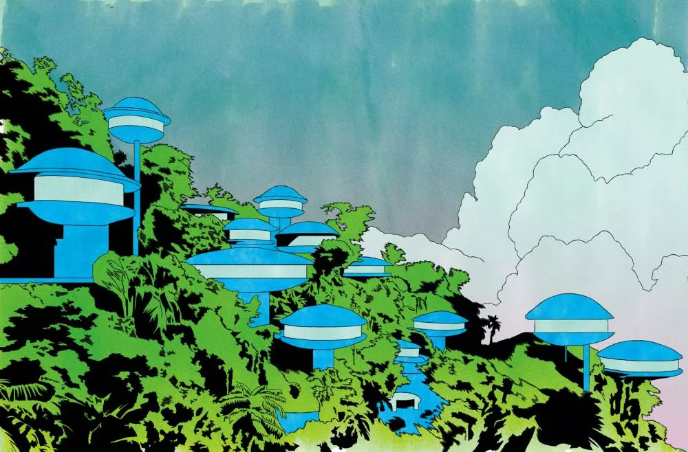 L'image représente un paysage futuriste avec des structures en forme de dômes bleus perchées sur des piliers au milieu d'une végétation luxuriante. Le ciel est partiellement couvert de nuages blancs.