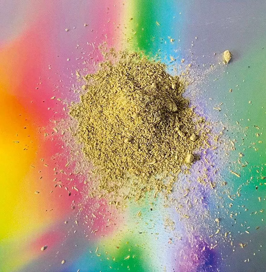 Un tas de poudre ou de particules dorées est dispersé sur un fond aux couleurs de l'arc-en-ciel.