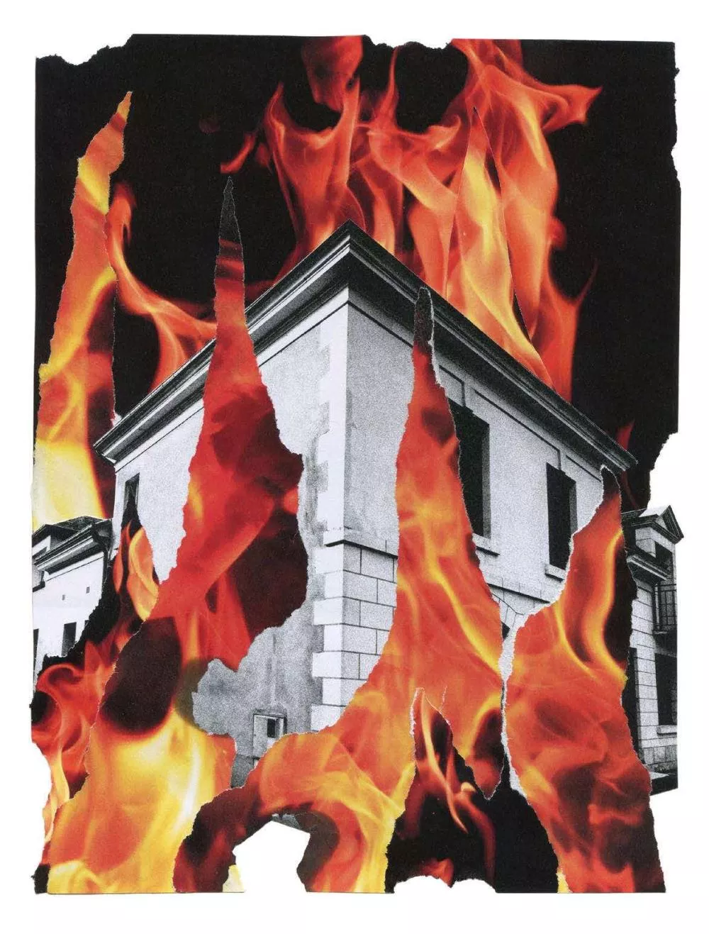 Un bâtiment en noir et blanc entouré de grandes flammes rouges et oranges.