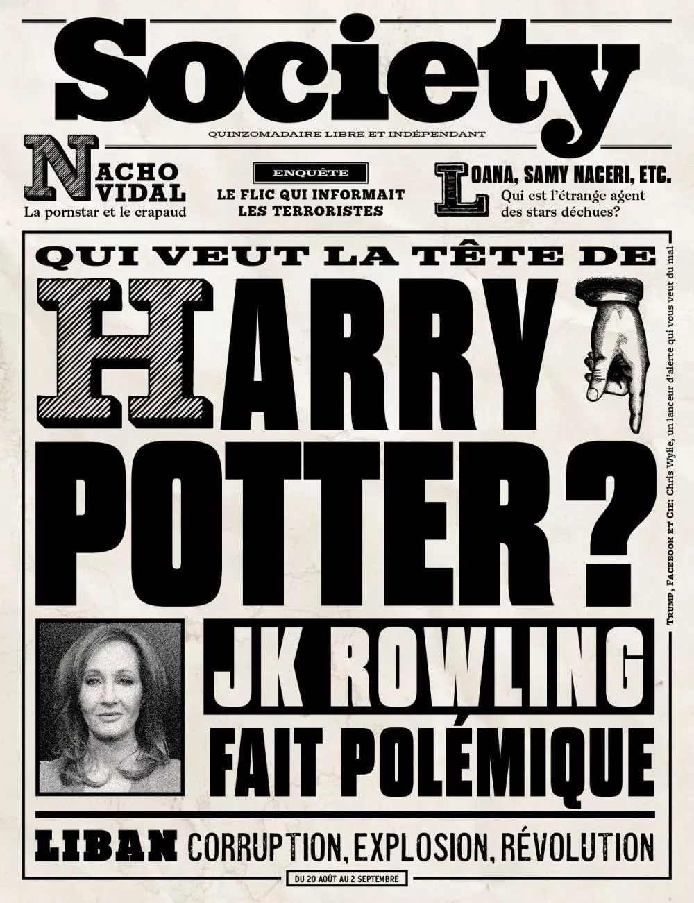 Magazine "Society" avec en couverture : "Qui veut la tête de Harry Potter ? J.K. Rowling fait polémique", et d'autres titres sur Nacho Vidal, un policier informant des terroristes, et une enquête sur des célébrités déchues. Mention du Liban : "Corruption, explosion, révolution".