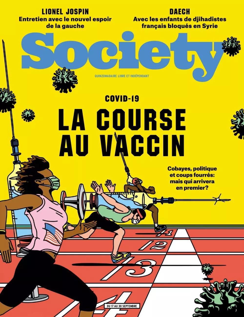 Une couverture de magazine avec le titre "COVID-19 : La course au vaccin". Illustration de personnes courant sur une piste avec des seringues géantes. Mentions d'articles sur Lionel Jospin et les enfants de djihadistes en Syrie.