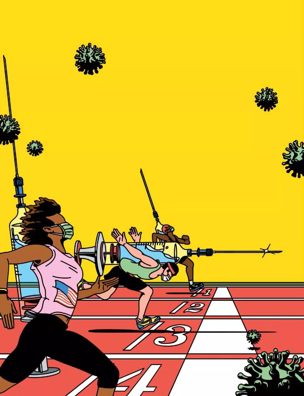 Des personnes courent sur une piste d'athlétisme, tenant des seringues géantes comme des bâtons de relais. Elles portent des masques, et des virus stylisés flottent dans l'air. L'arrière-plan est jaune vif.