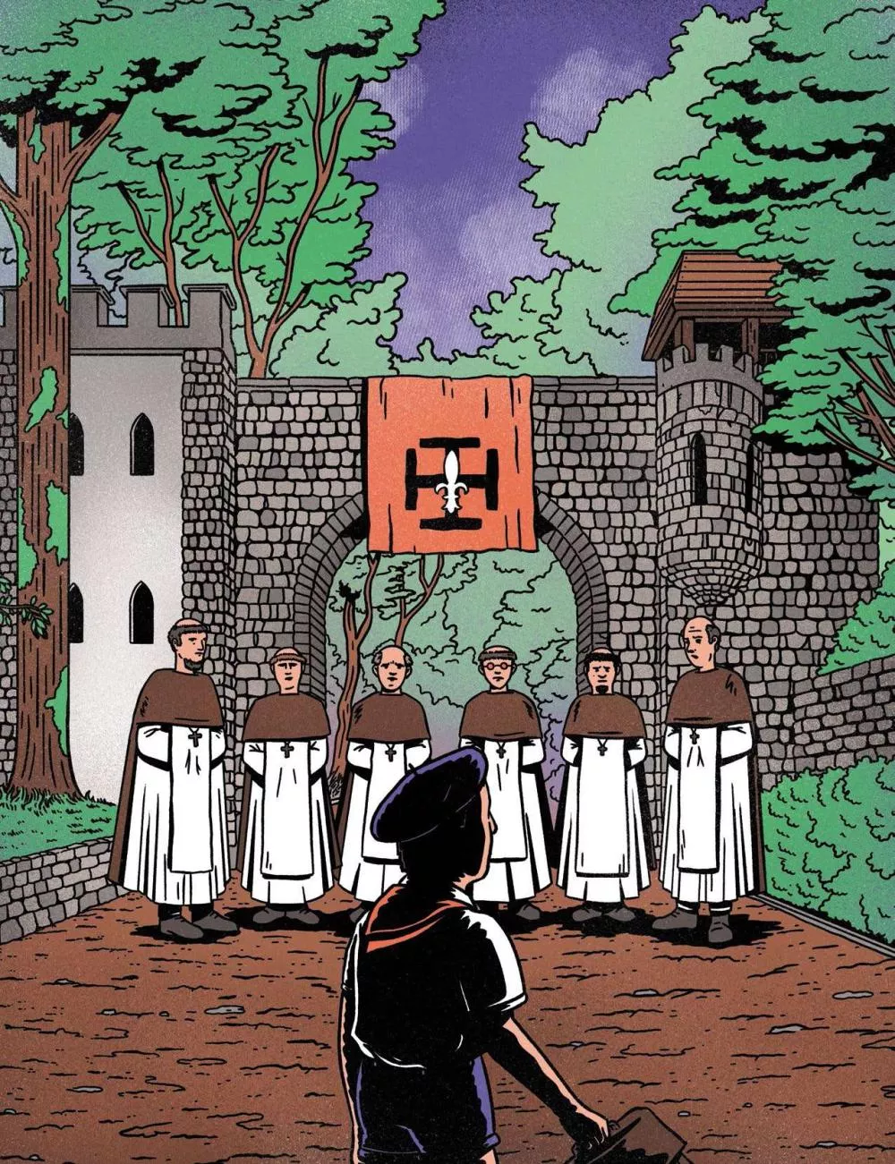 Un garçon en uniforme regarde un groupe de six moines vêtus de robes blanches avec des capes brunes, debout devant une porte de château en pierre. Une bannière orange avec un symbole est accrochée au-dessus de l'arche. Des arbres entourent la scène.