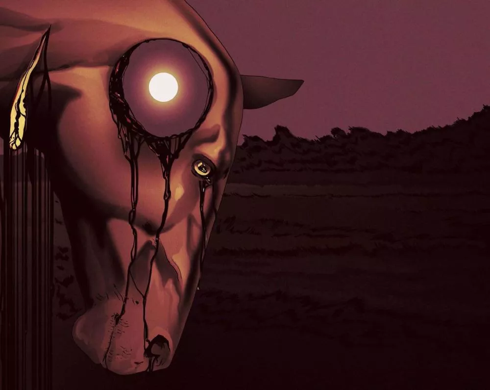Un cheval avec un trou circulaire dans la tête, laissant apparaître une lumière brillante, se tient dans un paysage sombre. Des traînées sombres coulent de l'ouverture.