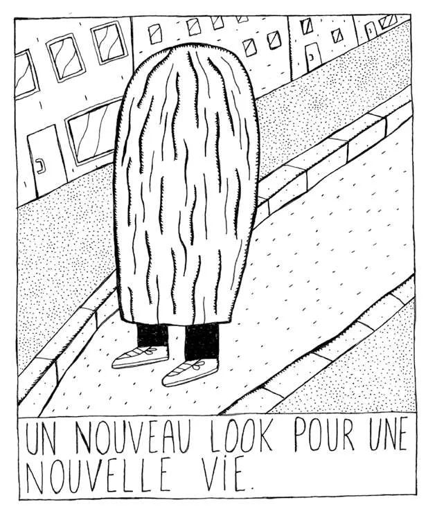 Une silhouette humaine avec une longue chevelure recouvre tout le corps, se tenant dans une rue. En dessous, le texte dit : "UN NOUVEAU LOOK POUR UNE NOUVELLE VIE."