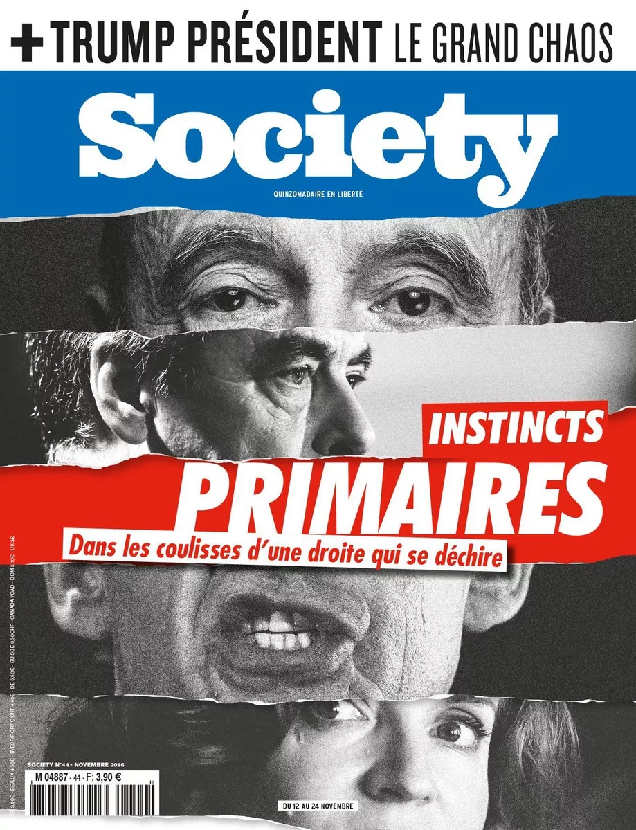 C'est la couverture d'un magazine intitulé "Society" avec le titre "Instincts Primaires" et le sous-titre "Dans les coulisses d'une droite qui se déchire". L'image montre un collage de visages.