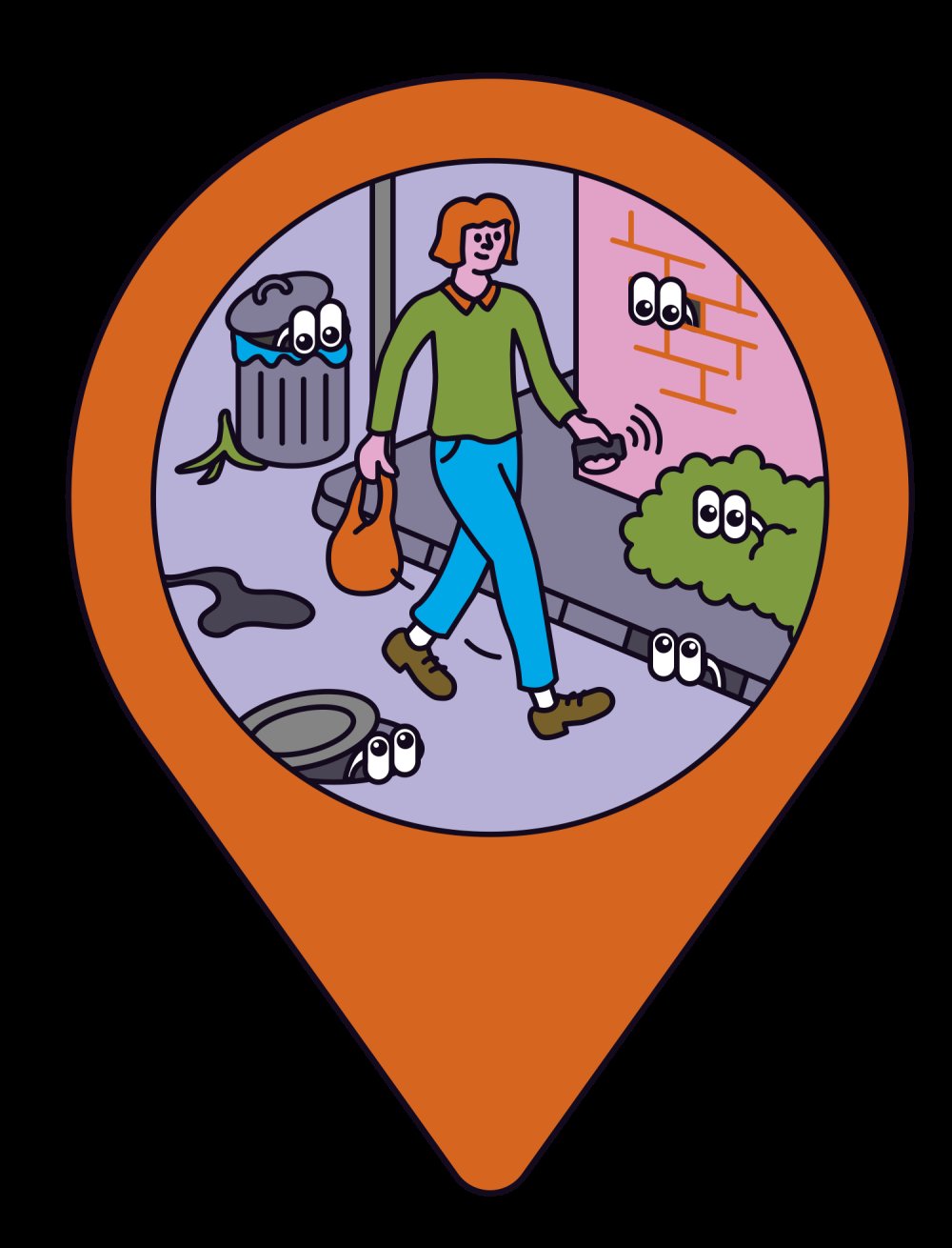 Une personne marche dans la rue avec un sac à main, entourée de plusieurs objets, comme une poubelle et des buissons, qui ont des yeux et semblent l'observer.