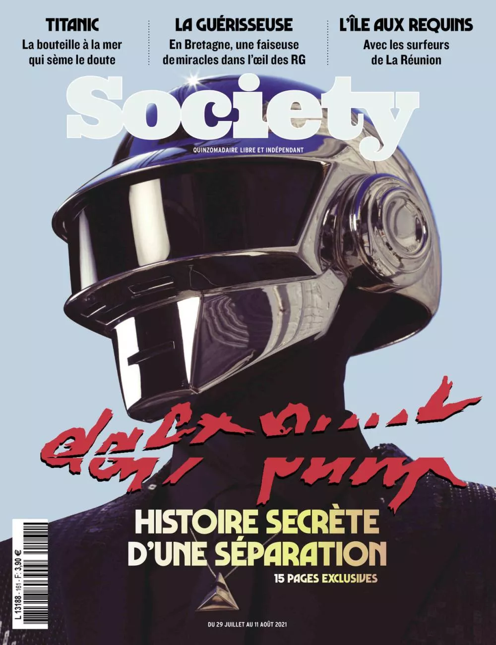 Un casque futuriste est mis en avant sur la couverture du magazine "Society". Les titres mentionnent des sujets comme le Titanic, une guérisseuse en Bretagne, et une île aux requins à La Réunion. Le dossier principal porte sur l'histoire secrète de la séparation d'un duo, avec 15 pages exclusives.