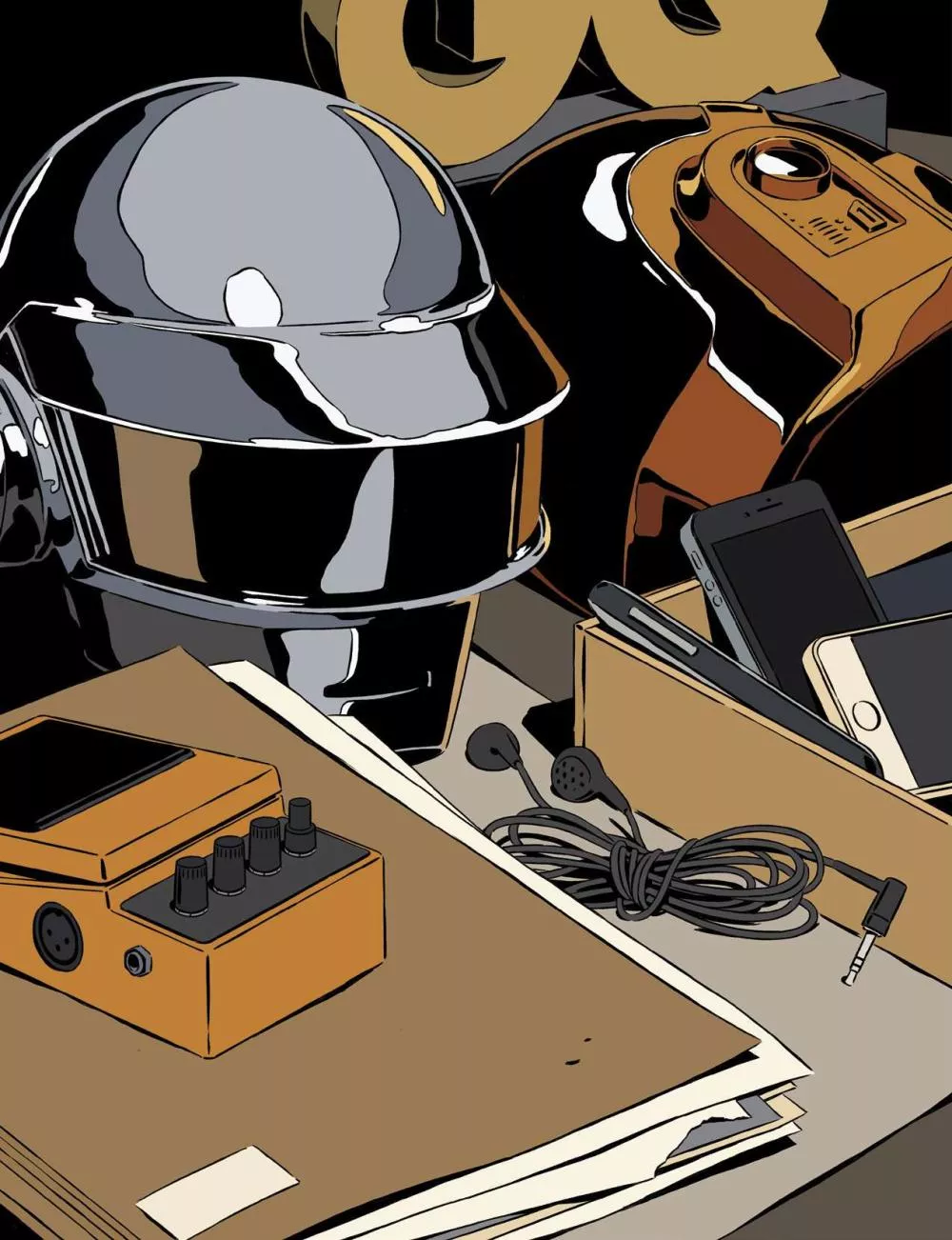 Deux casques futuristes, l'un argenté et l'autre doré, sont posés sur une table avec divers objets, dont un téléphone, des écouteurs, un appareil électronique avec des boutons et des dossiers.