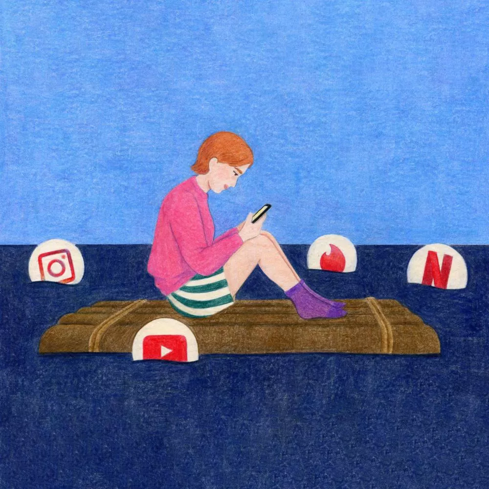 Une personne est assise sur un radeau en bois, regardant un téléphone, entourée d'icônes d'applications comme Instagram, YouTube, Tinder et Netflix flottant dans l'eau.