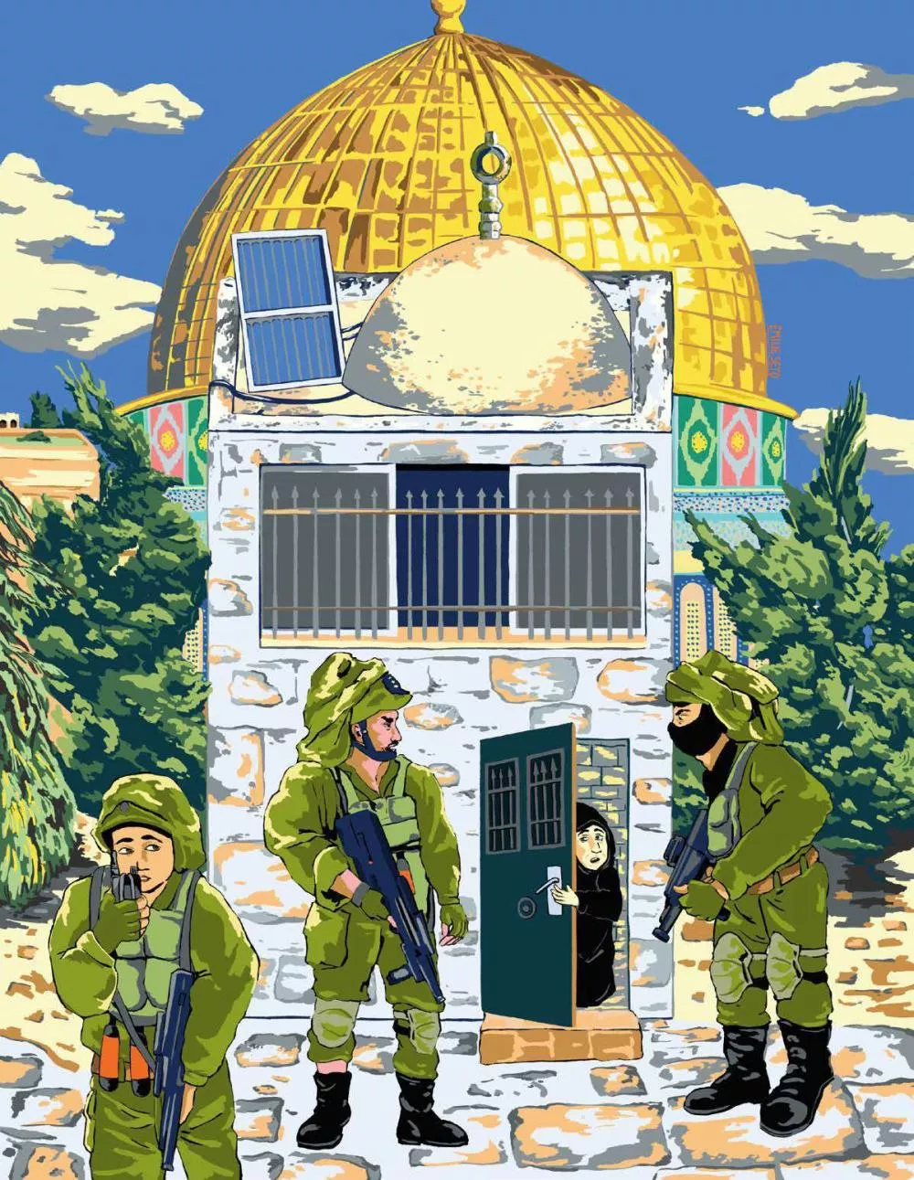 L'image montre trois soldats en uniforme vert et armés, se tenant devant une petite structure en pierre avec une porte ouverte, d'où une personne habillée en noir regarde dehors. En arrière-plan, on voit un dôme doré et des arbres.