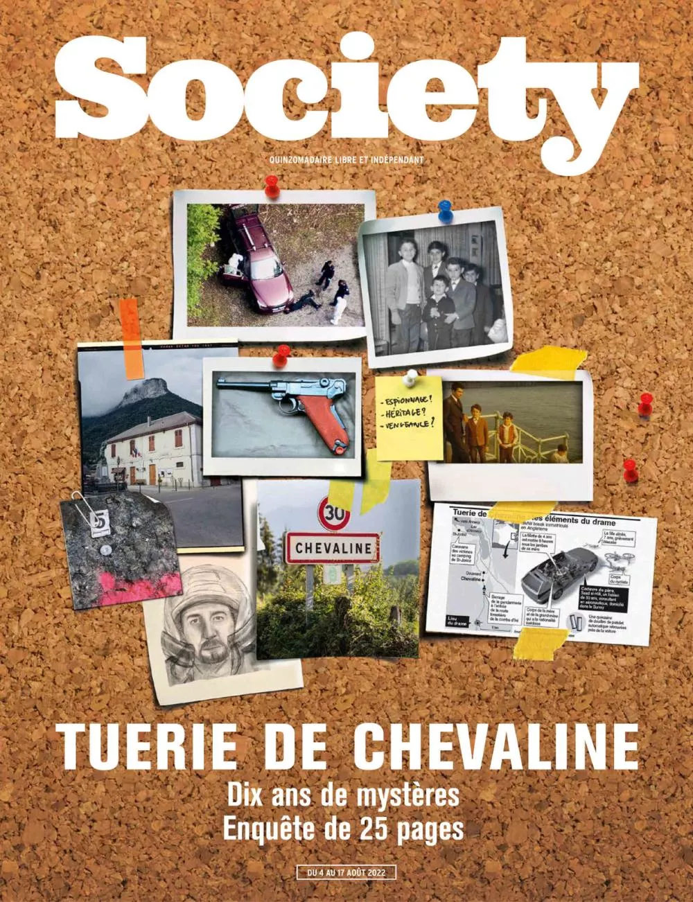 La couverture du magazine "Society" présente un collage d'images et de notes épinglées sur un tableau en liège, avec le titre "Tuerie de Chevaline" et mentionne une enquête de 25 pages sur dix ans de mystères.