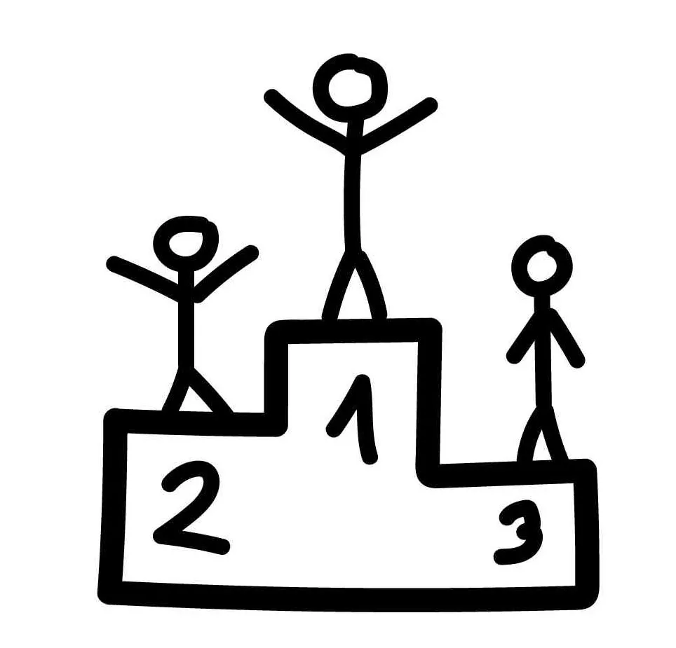 Trois personnages en bâtonnets se tiennent sur un podium, avec des chiffres 1, 2 et 3 indiquant les positions.