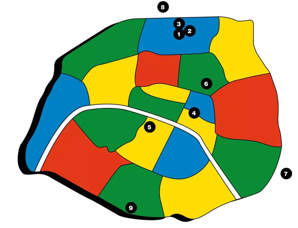 L'image montre une carte divisée en plusieurs zones colorées en bleu, vert, jaune et rouge, chacune numérotée de 1 à 9.