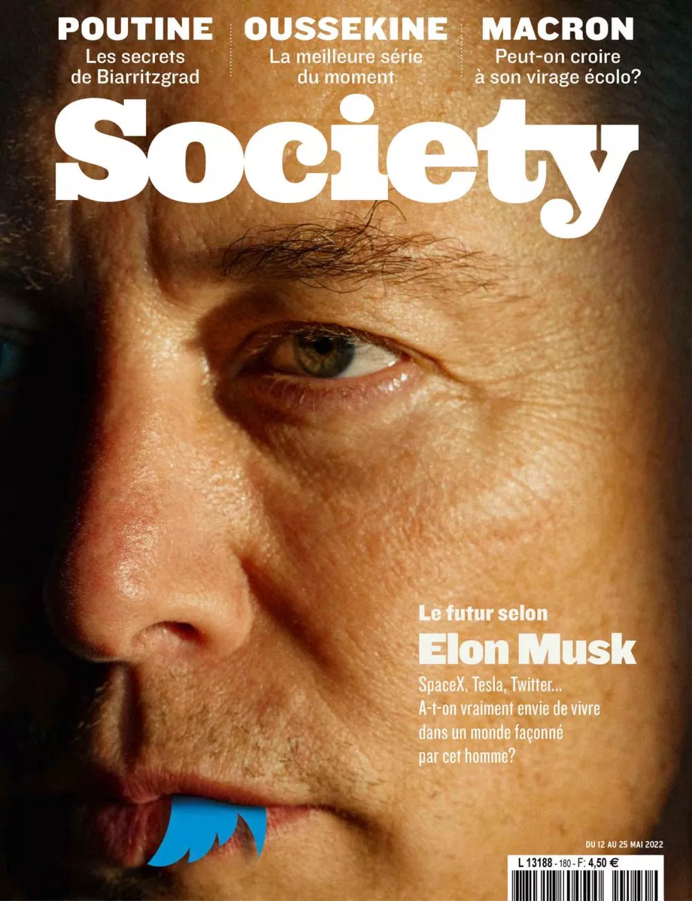 C'est la couverture du magazine "Society" avec un gros plan sur le visage d'une personne. Les titres mentionnent des sujets sur Poutine, Oussekine, et Macron, ainsi qu'un focus principal sur "Le futur selon Elon Musk" avec des questions sur SpaceX, Tesla, et Twitter.