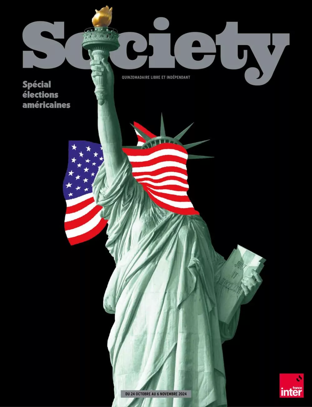 La couverture montre la Statue de la Liberté avec le visage remplacé par le drapeau américain. Le texte mentionne "Spécial élections américaines" et les dates "du 24 octobre au 6 novembre 2024".