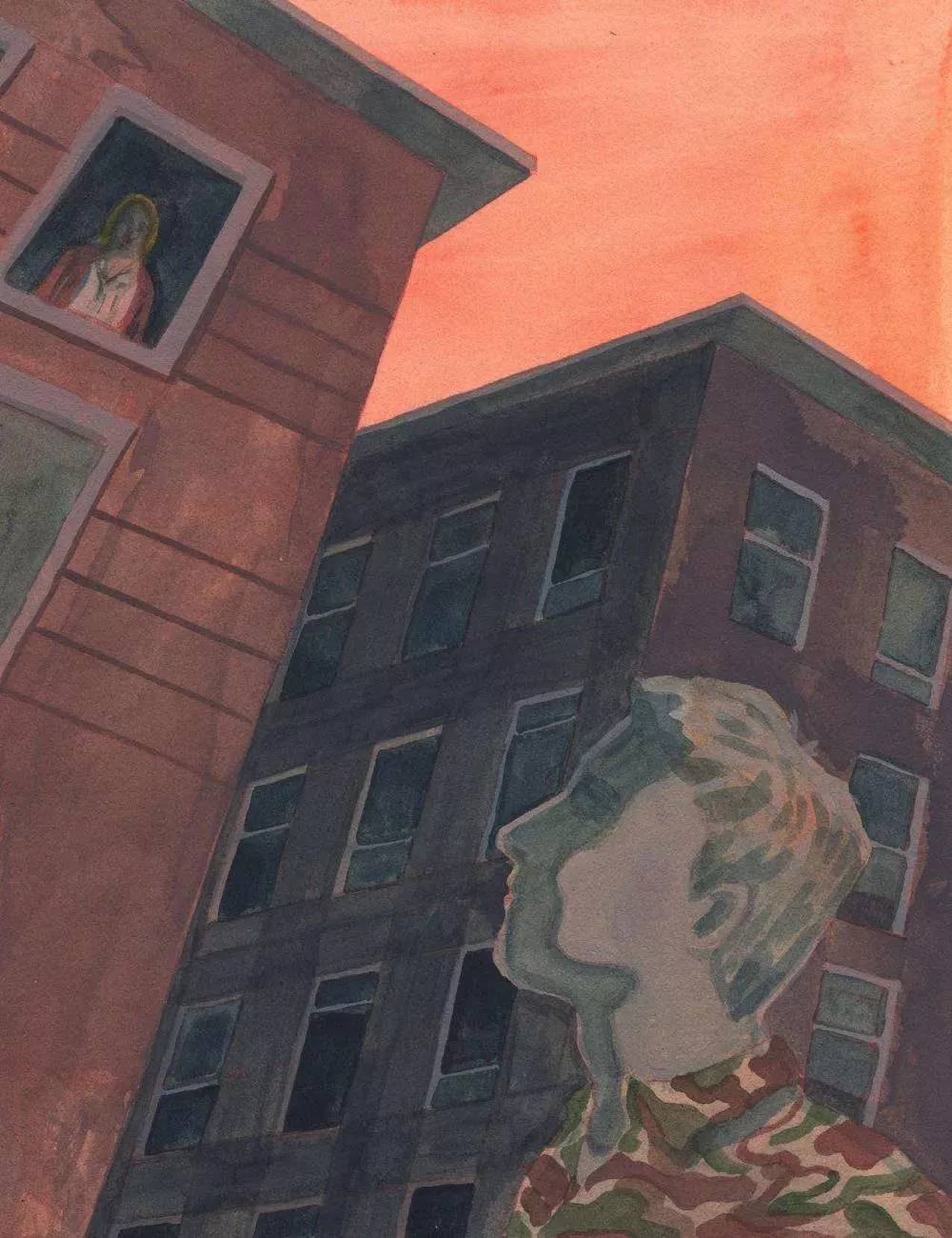 Un homme en tenue de camouflage regarde vers le haut, où une image d'une figure religieuse est visible à une fenêtre d'un bâtiment. Le ciel est d'une teinte orange.