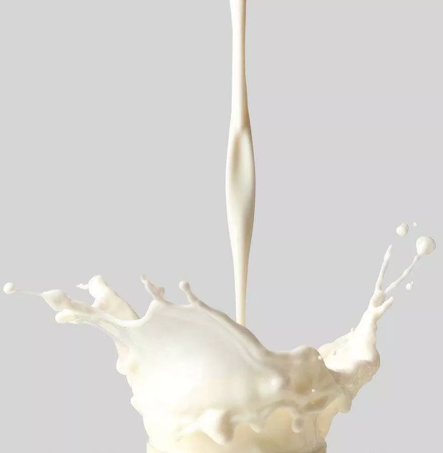 Un liquide blanc, probablement du lait, est versé et éclabousse en formant des gouttelettes et des vagues sur un fond gris.
